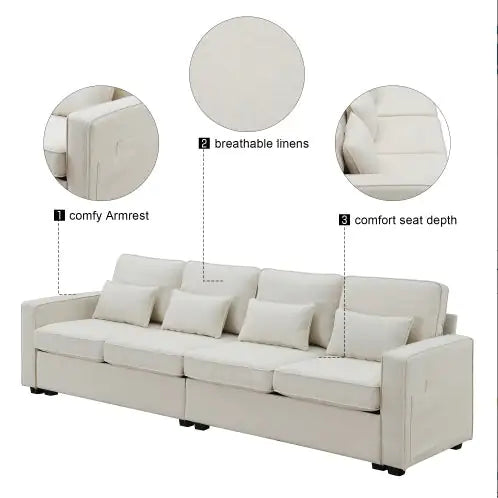 4-Seater Modern Linen Fabric Sofa With Armrest And 4 Pillows