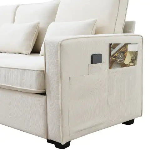 4-Seater Modern Linen Fabric Sofa With Armrest And 4 Pillows