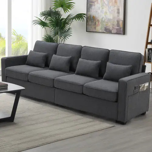 4-Seater Modern Linen Fabric Sofa With Armrest And 4 Pillows