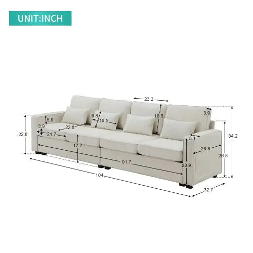 4-Seater Modern Linen Fabric Sofa With Armrest And 4 Pillows