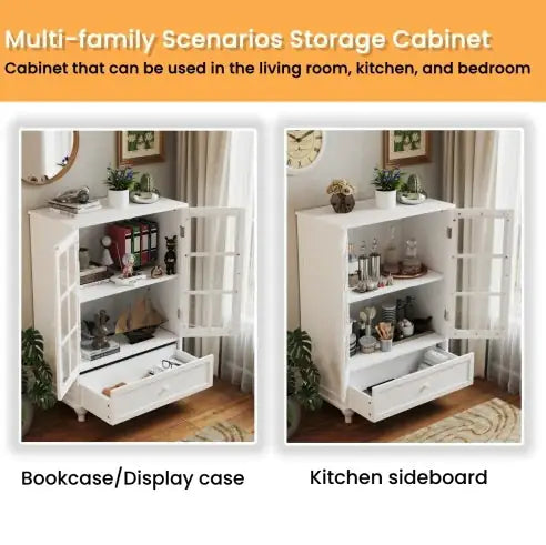 White Buffet Cabinet With Double Glass Doors And Drawer