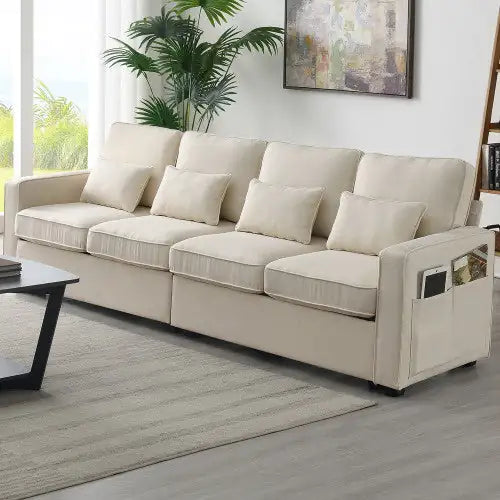 4-Seater Modern Linen Fabric Sofa With Armrest And 4 Pillows