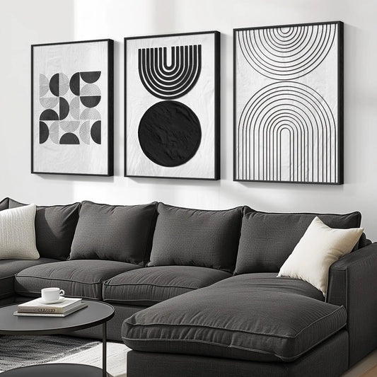 Large Framed Black and White Abstract Wall Art Set of 3