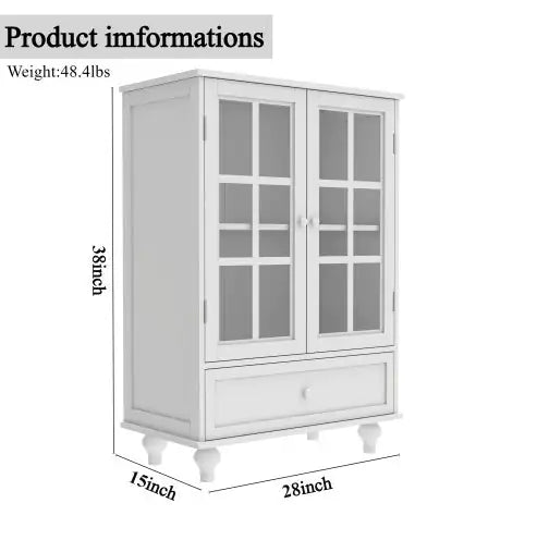 White Buffet Cabinet With Double Glass Doors And Drawer