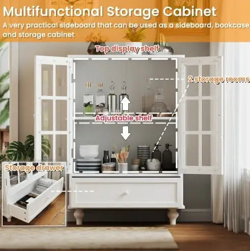 White Buffet Cabinet With Double Glass Doors And Drawer