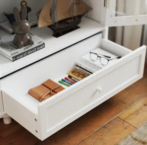 White Buffet Cabinet With Double Glass Doors And Drawer